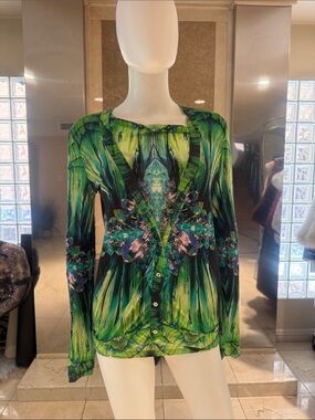 Roberto Cavalli Vintage 90s Silk Crystal Print Sweater Tee Set